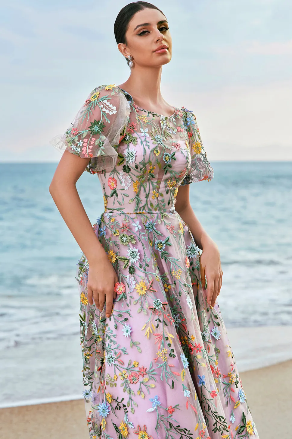Mauve Ball-Gown/Princess Long Bordado Vestido de Baile com mangas curtas