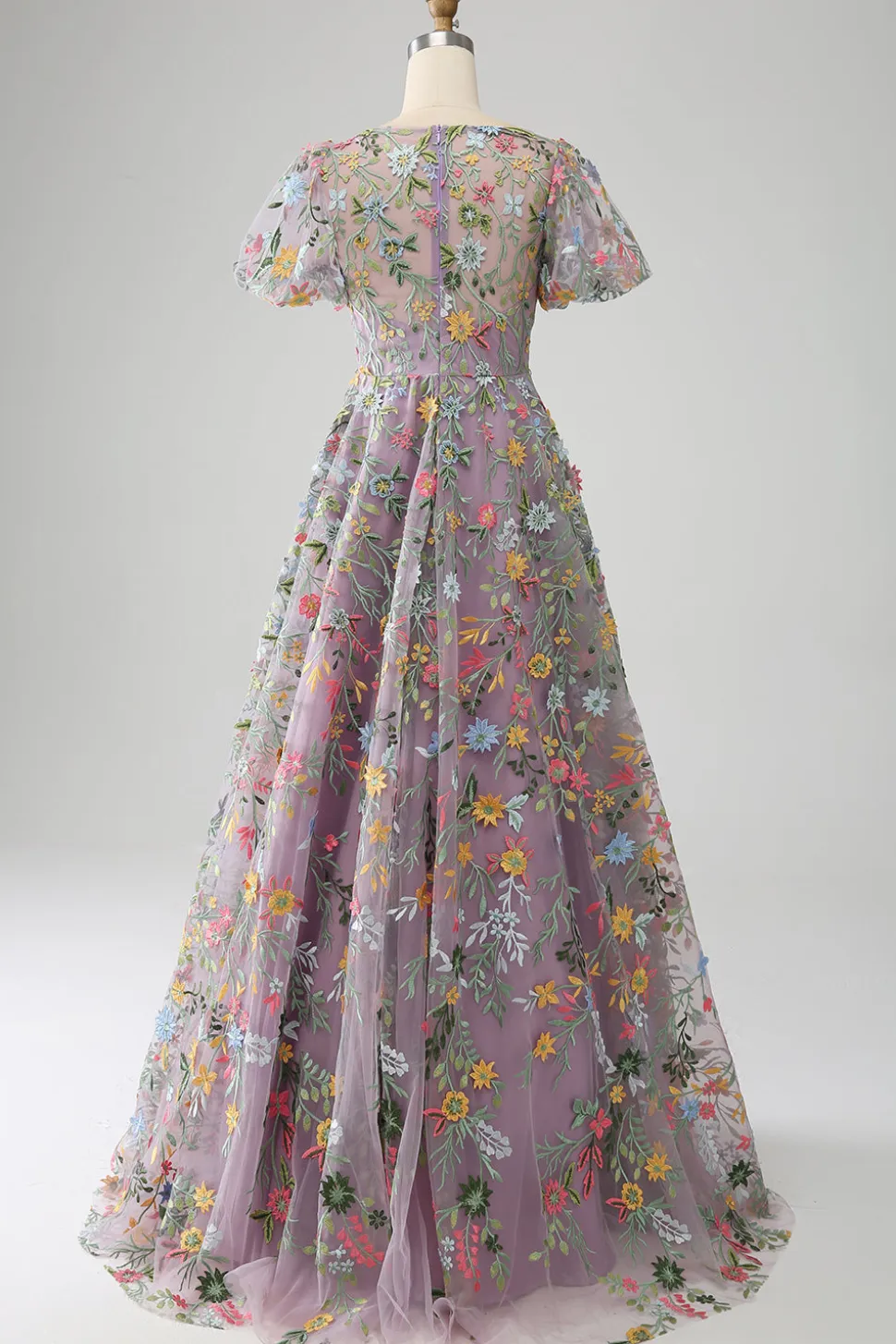 Mauve Ball-Gown/Princess Long Bordado Vestido de Baile com mangas curtas