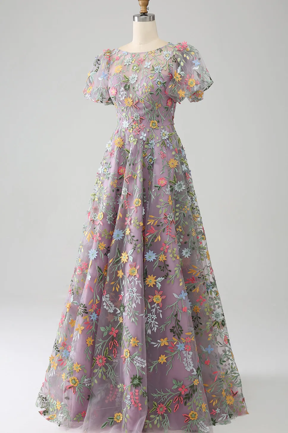 Mauve Ball-Gown/Princess Long Bordado Vestido de Baile com mangas curtas
