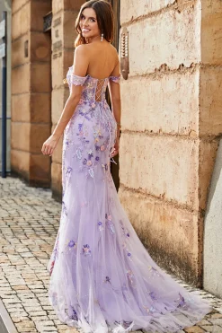 Mauve Off The Shoulder Split Front Long Mermaid Prom Dress Com Apliques