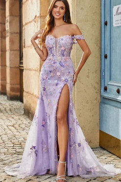 Mauve Off The Shoulder Split Front Long Mermaid Prom Dress Com Apliques