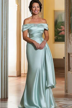 Menta Bainha Cetim Fora do Ombro Longo Vestido Mae Noiva