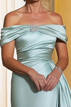 Menta Bainha Cetim Fora do Ombro Longo Vestido Mae Noiva