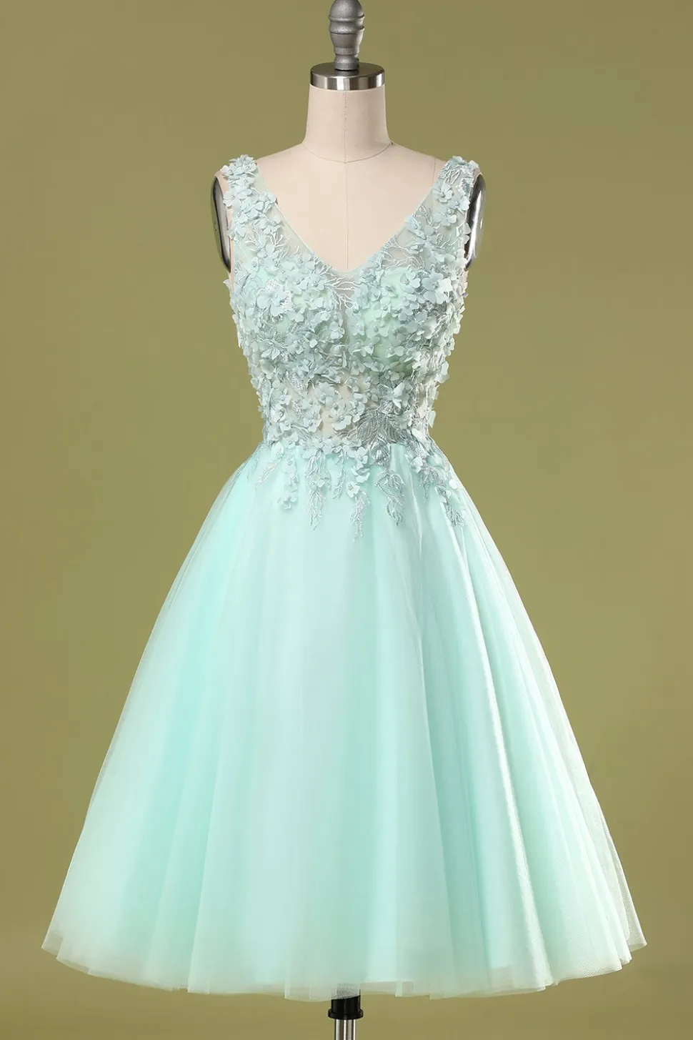Menta verde curto vestido de baile com apliques