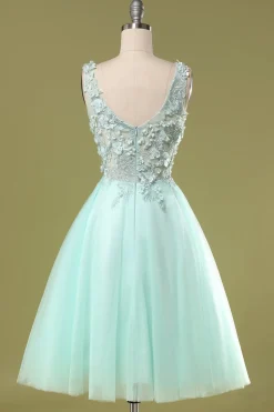 Menta verde curto vestido de baile com apliques