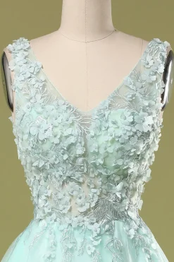 Menta verde curto vestido de baile com apliques