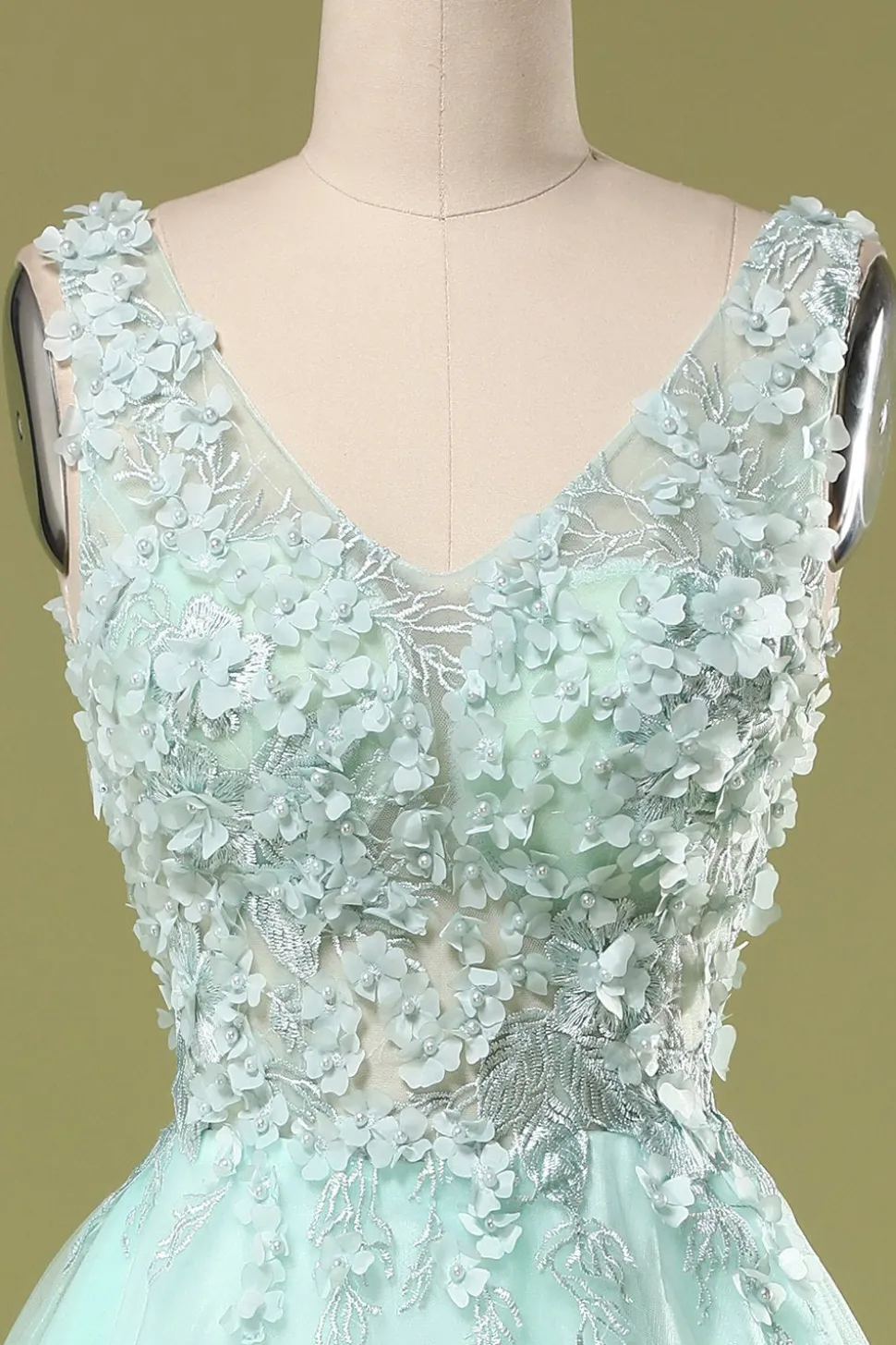 Menta verde curto vestido de baile com apliques