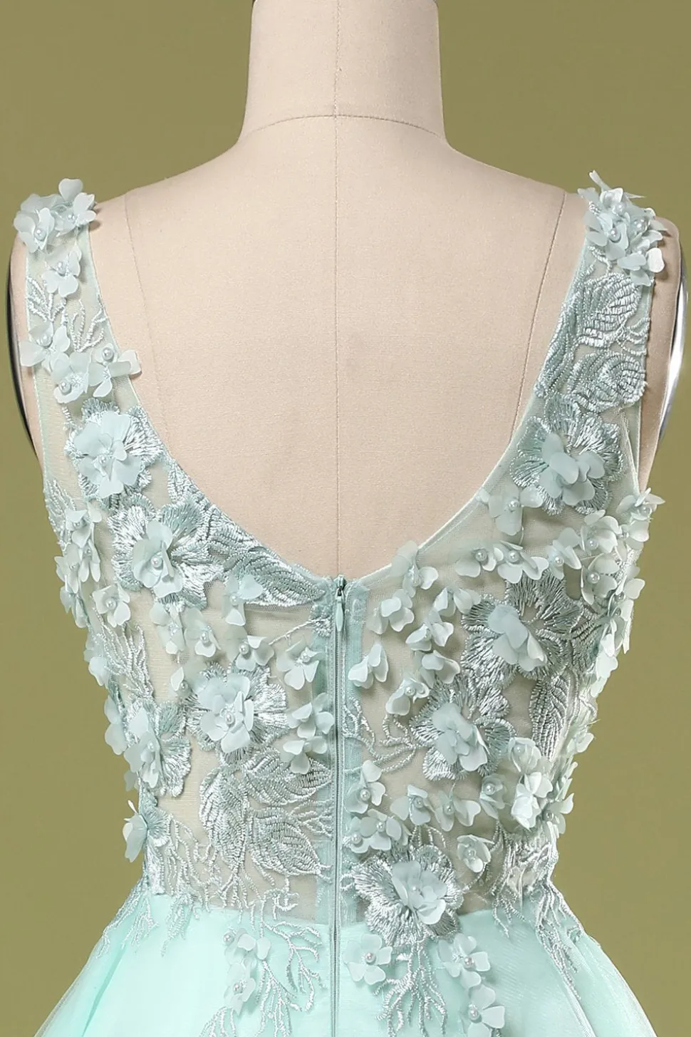 Menta verde curto vestido de baile com apliques