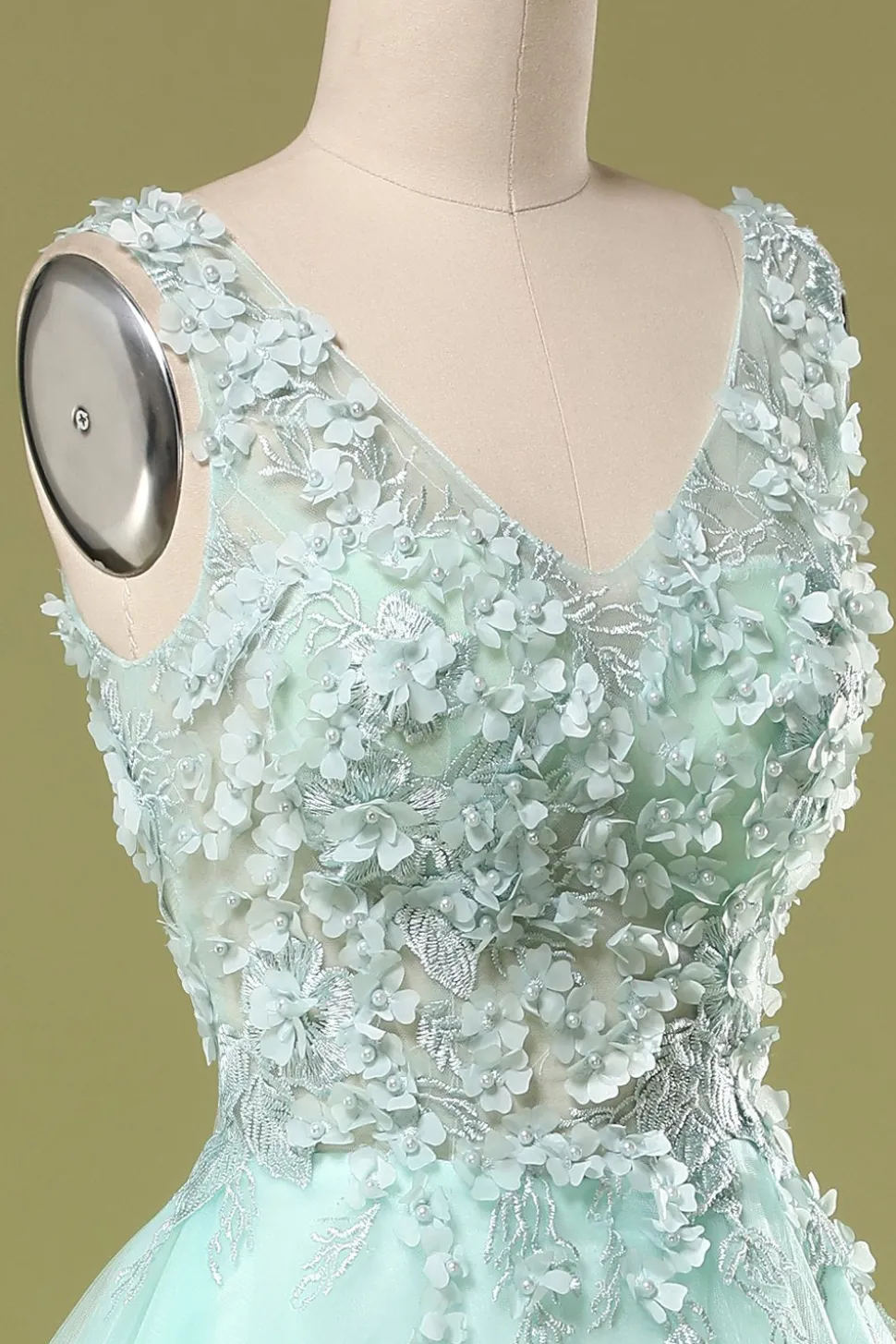 Menta verde curto vestido de baile com apliques