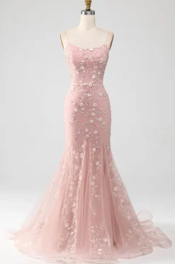Mermiad Blush Esparguete Correias Vestido de Baile com Apliques