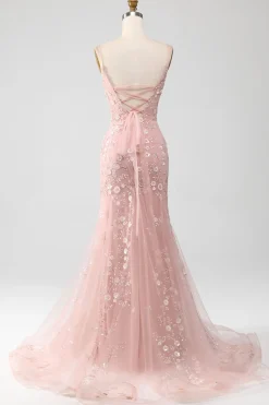 Mermiad Blush Esparguete Correias Vestido de Baile com Apliques