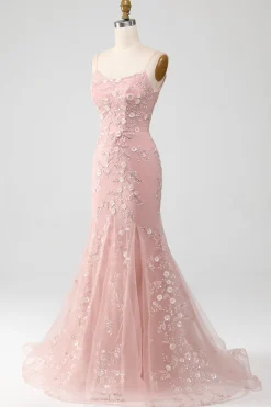 Mermiad Blush Esparguete Correias Vestido de Baile com Apliques