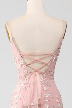 Mermiad Blush Esparguete Correias Vestido de Baile com Apliques