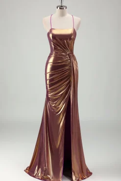 Metal Dourado Sereia Esparguete Correias Ruched Long Prom Dress com Fenda