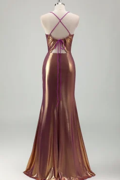 Metal Dourado Sereia Esparguete Correias Ruched Long Prom Dress com Fenda
