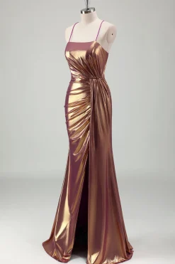 Metal Dourado Sereia Esparguete Correias Ruched Long Prom Dress com Fenda