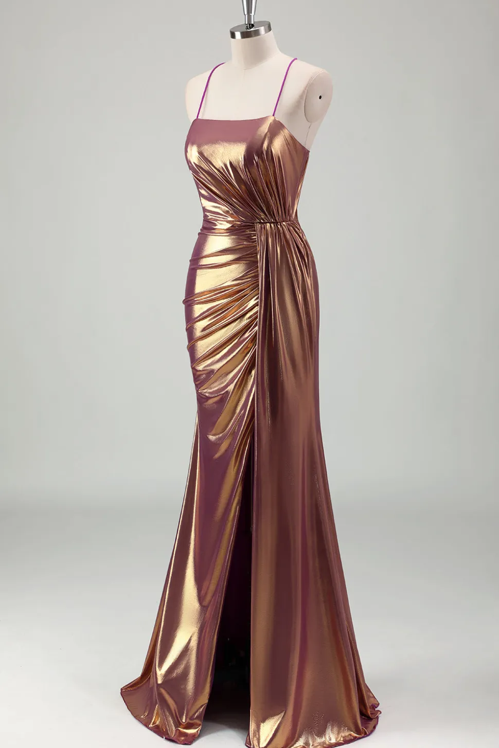 Metal Dourado Sereia Esparguete Correias Ruched Long Prom Dress com Fenda