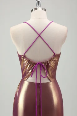 Metal Dourado Sereia Esparguete Correias Ruched Long Prom Dress com Fenda
