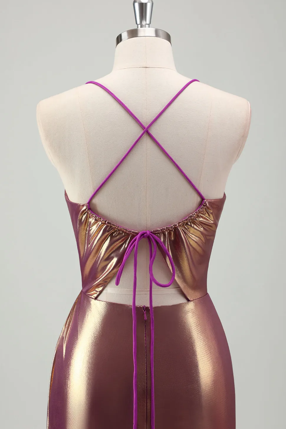 Metal Dourado Sereia Esparguete Correias Ruched Long Prom Dress com Fenda