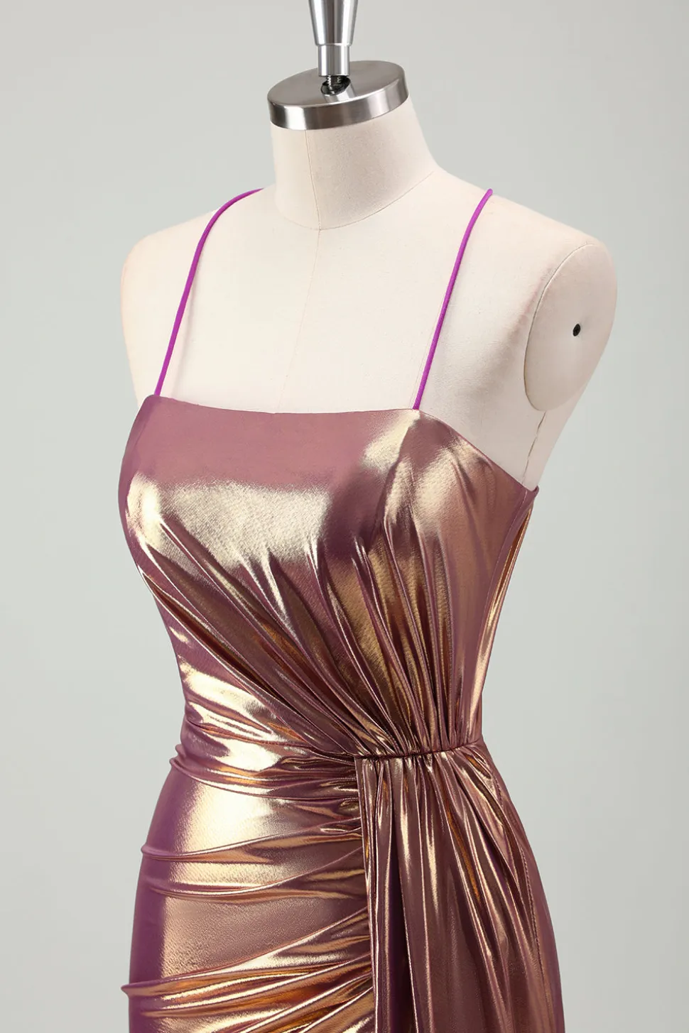 Metal Dourado Sereia Esparguete Correias Ruched Long Prom Dress com Fenda