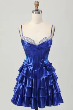 Metalizado A-line Tiered Corset Short Homecoming Dress com laços