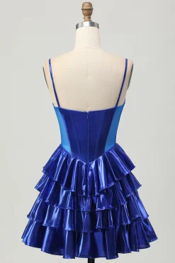 Metalizado A-line Tiered Corset Short Homecoming Dress com laços