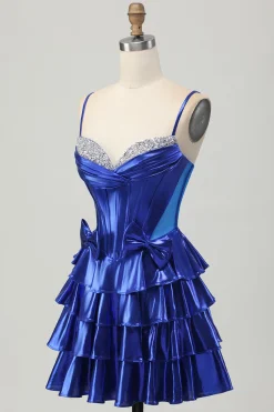 Metalizado A-line Tiered Corset Short Homecoming Dress com laços
