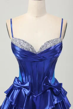Metalizado A-line Tiered Corset Short Homecoming Dress com laços
