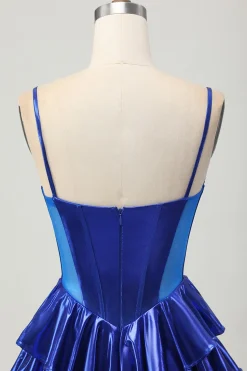 Metalizado A-line Tiered Corset Short Homecoming Dress com laços