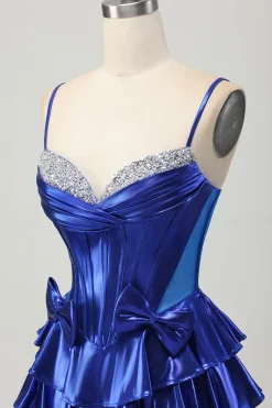 Metalizado A-line Tiered Corset Short Homecoming Dress com laços