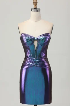 Metalizado Azul Roxo Strapless Cut out Corset Tight Homecoming Dress