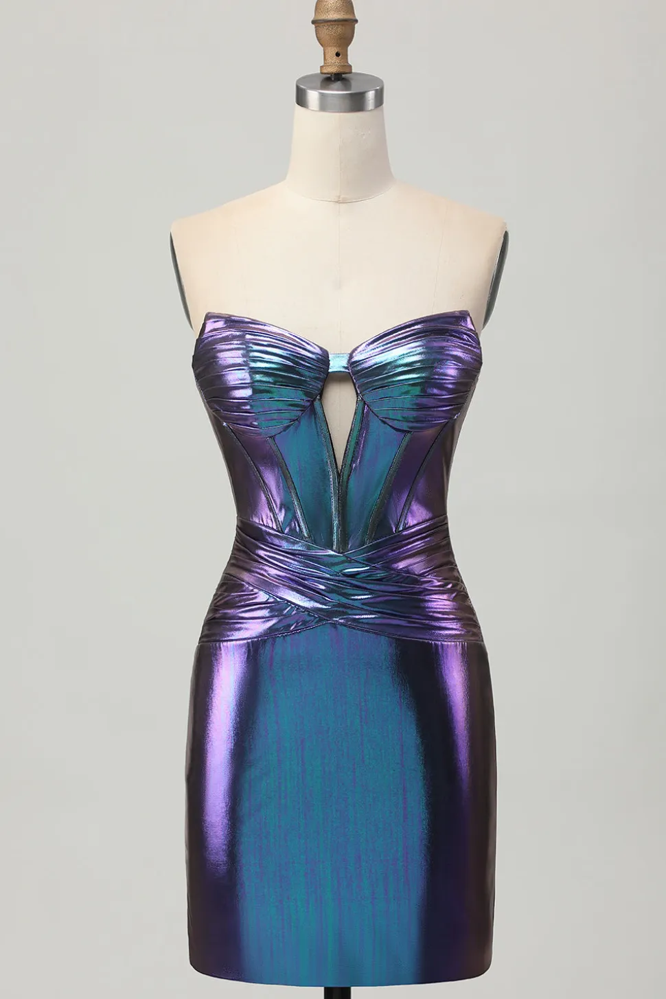 Metalizado Azul Roxo Strapless Cut out Corset Tight Homecoming Dress