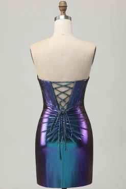 Metalizado Azul Roxo Strapless Cut out Corset Tight Homecoming Dress