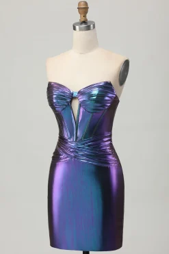 Metalizado Azul Roxo Strapless Cut out Corset Tight Homecoming Dress