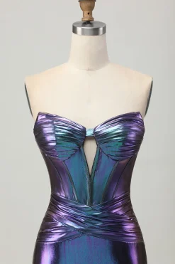 Metalizado Azul Roxo Strapless Cut out Corset Tight Homecoming Dress