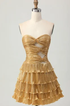 Metalizado dourado sem alças cortado plissado em camadas curto homecoming vestido