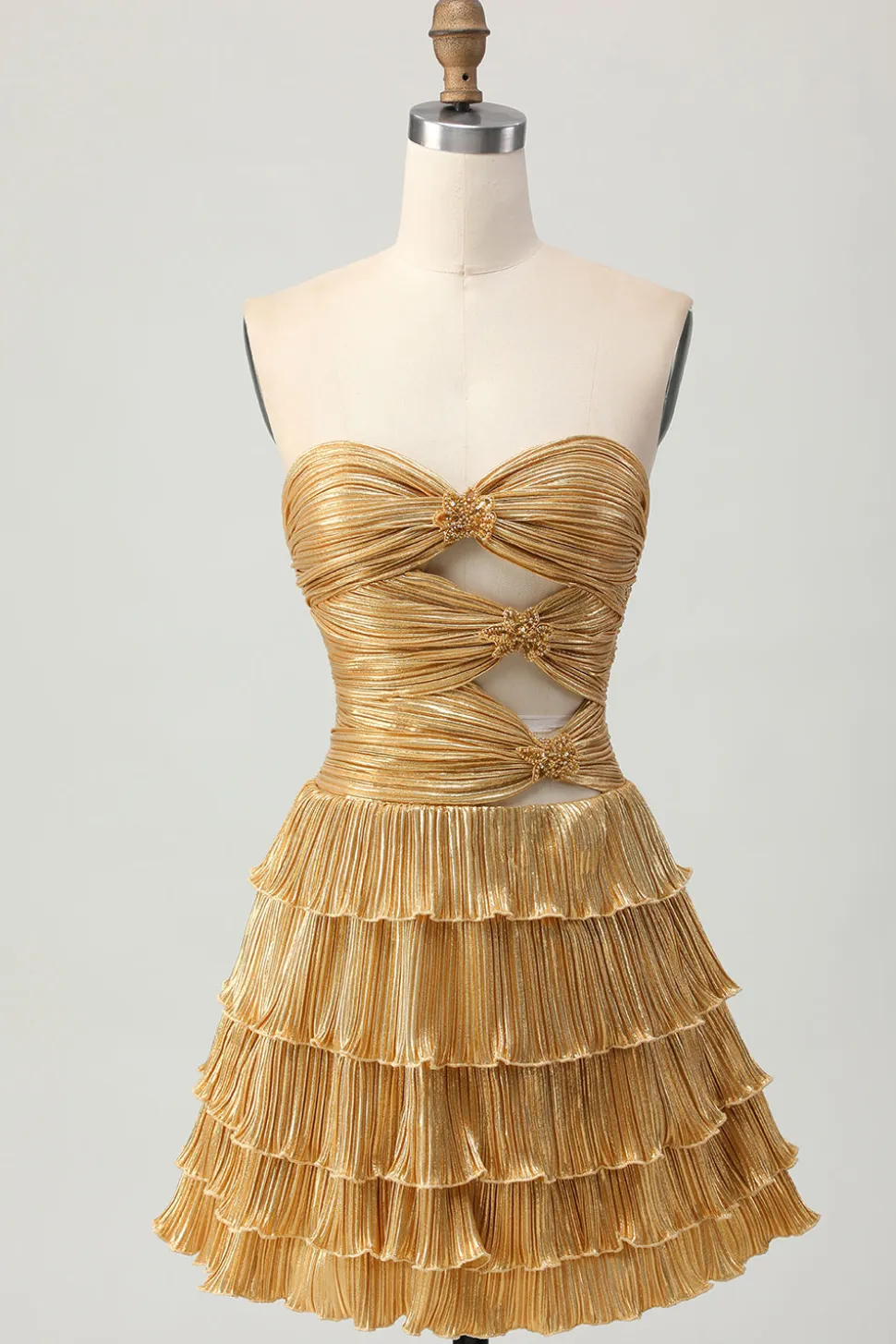 Metalizado dourado sem alças cortado plissado em camadas curto homecoming vestido