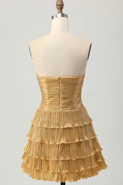 Metalizado dourado sem alças cortado plissado em camadas curto homecoming vestido