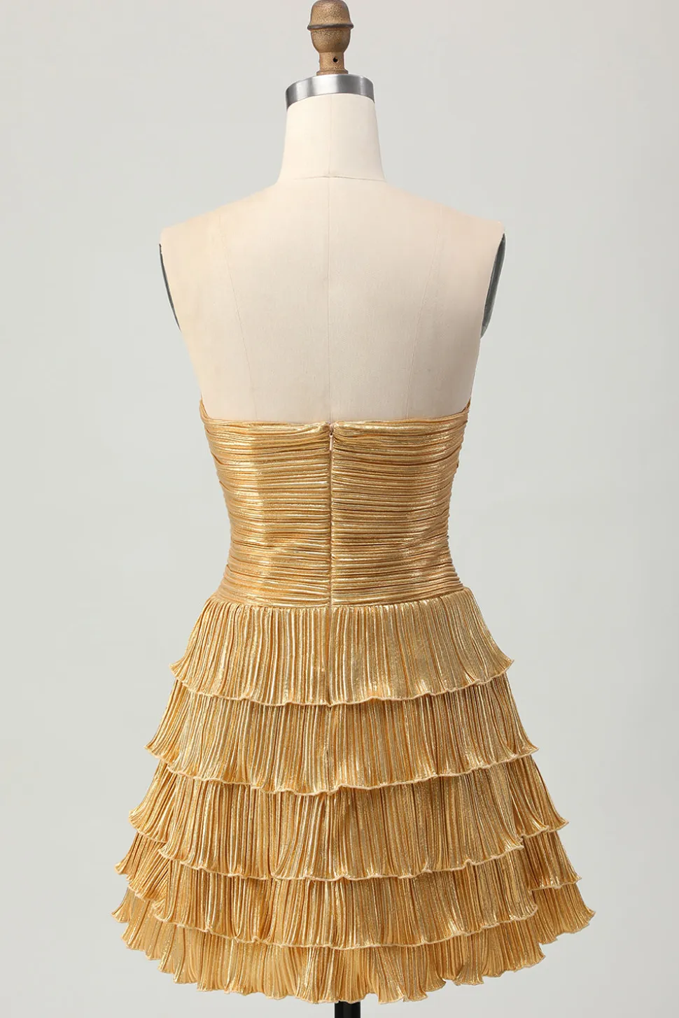 Metalizado dourado sem alças cortado plissado em camadas curto homecoming vestido