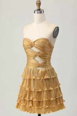 Metalizado dourado sem alças cortado plissado em camadas curto homecoming vestido