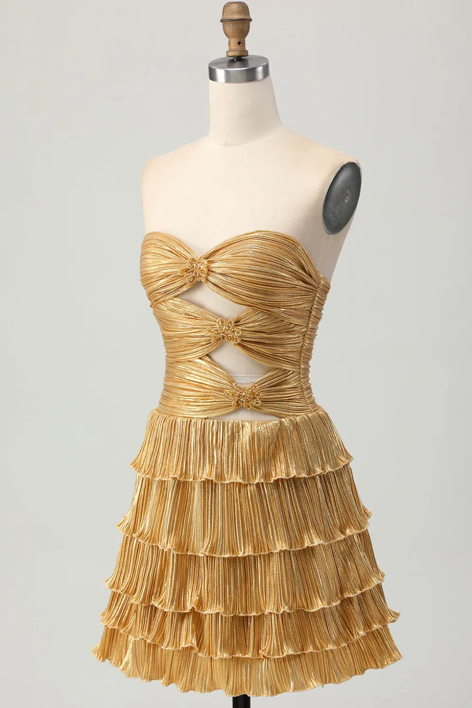 Metalizado dourado sem alças cortado plissado em camadas curto homecoming vestido