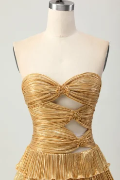 Metalizado dourado sem alças cortado plissado em camadas curto homecoming vestido