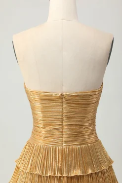 Metalizado dourado sem alças cortado plissado em camadas curto homecoming vestido