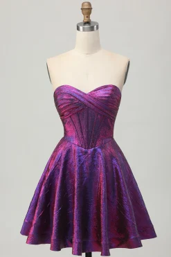 Metalizado roxo escuro espartilho sem alças curto vestido de volta para casa