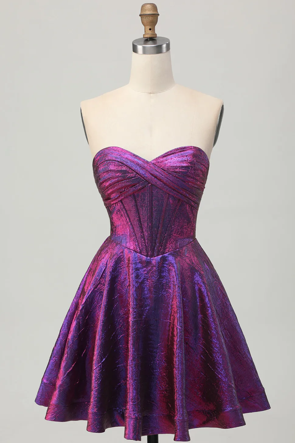 Metalizado roxo escuro espartilho sem alças curto vestido de volta para casa