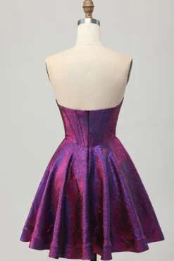 Metalizado roxo escuro espartilho sem alças curto vestido de volta para casa