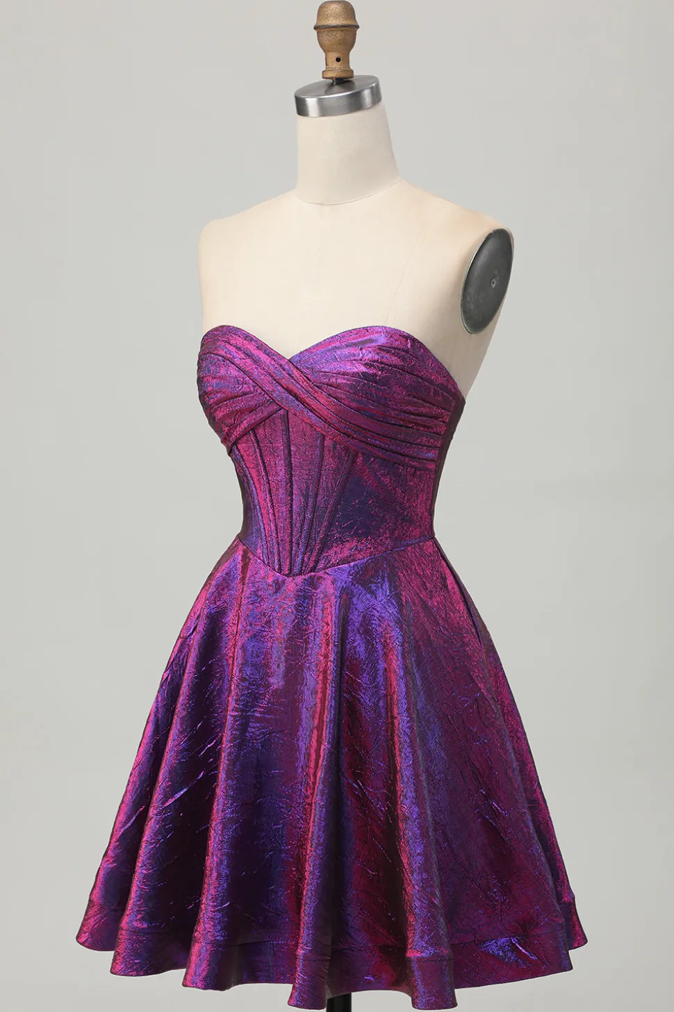 Metalizado roxo escuro espartilho sem alças curto vestido de volta para casa