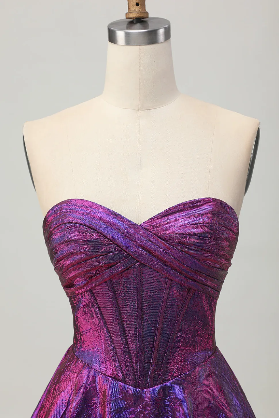 Metalizado roxo escuro espartilho sem alças curto vestido de volta para casa
