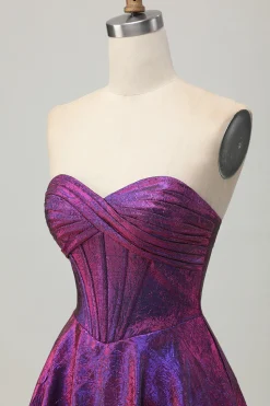 Metalizado roxo escuro espartilho sem alças curto vestido de volta para casa
