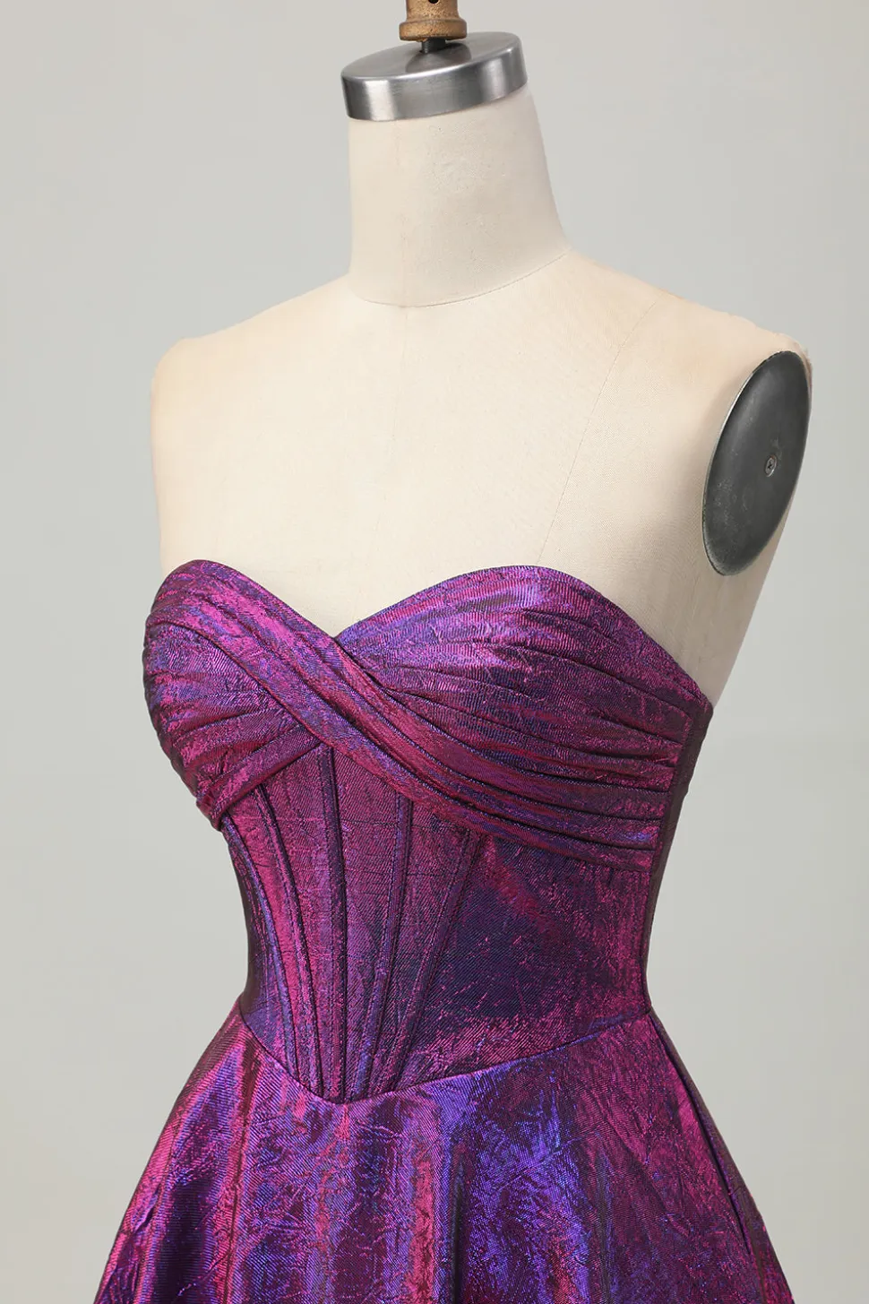 Metalizado roxo escuro espartilho sem alças curto vestido de volta para casa